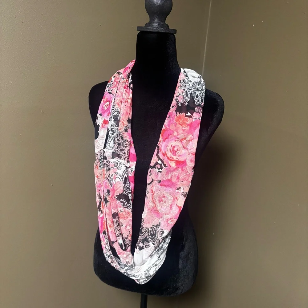 Handmade Floral Printed Silky Infinity Wrap Scaft in Pink, Black, White